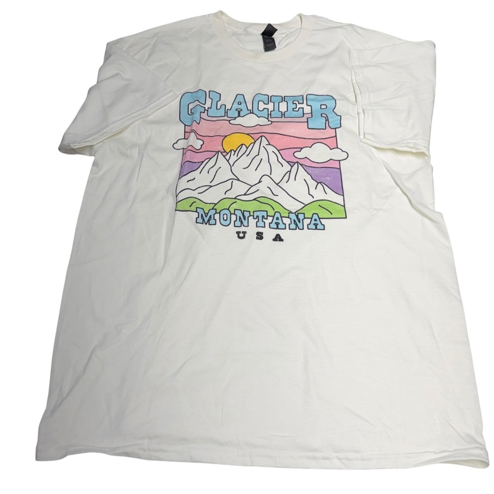 Gildan Glacier Montana National Park Retro White Graphic T-Shirt XL Souvenir Tee